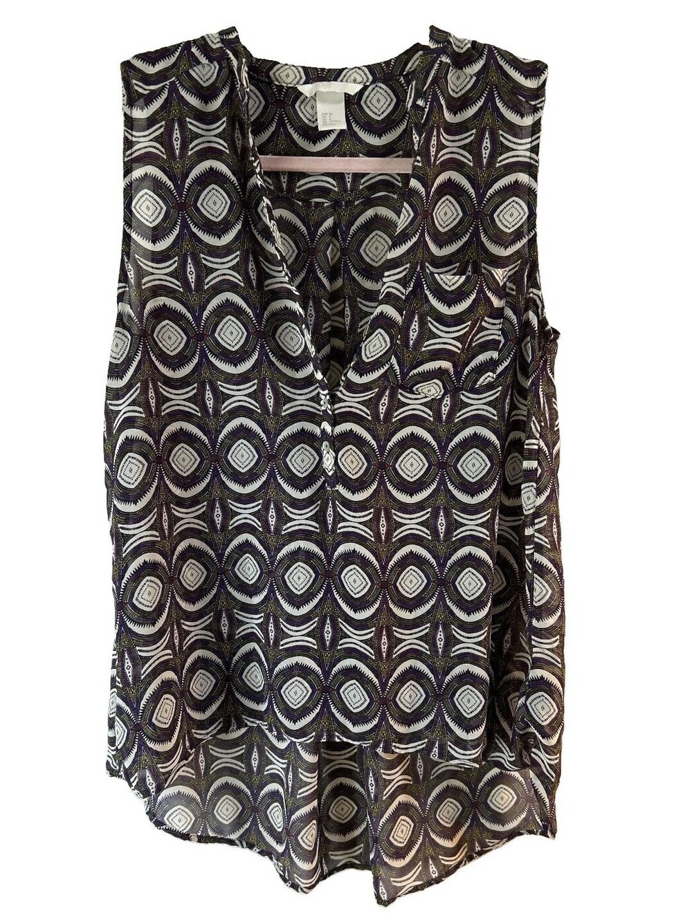 H&M Women's Sleeveless Geometric Print Split Neck Hi Low Blouse Size 4